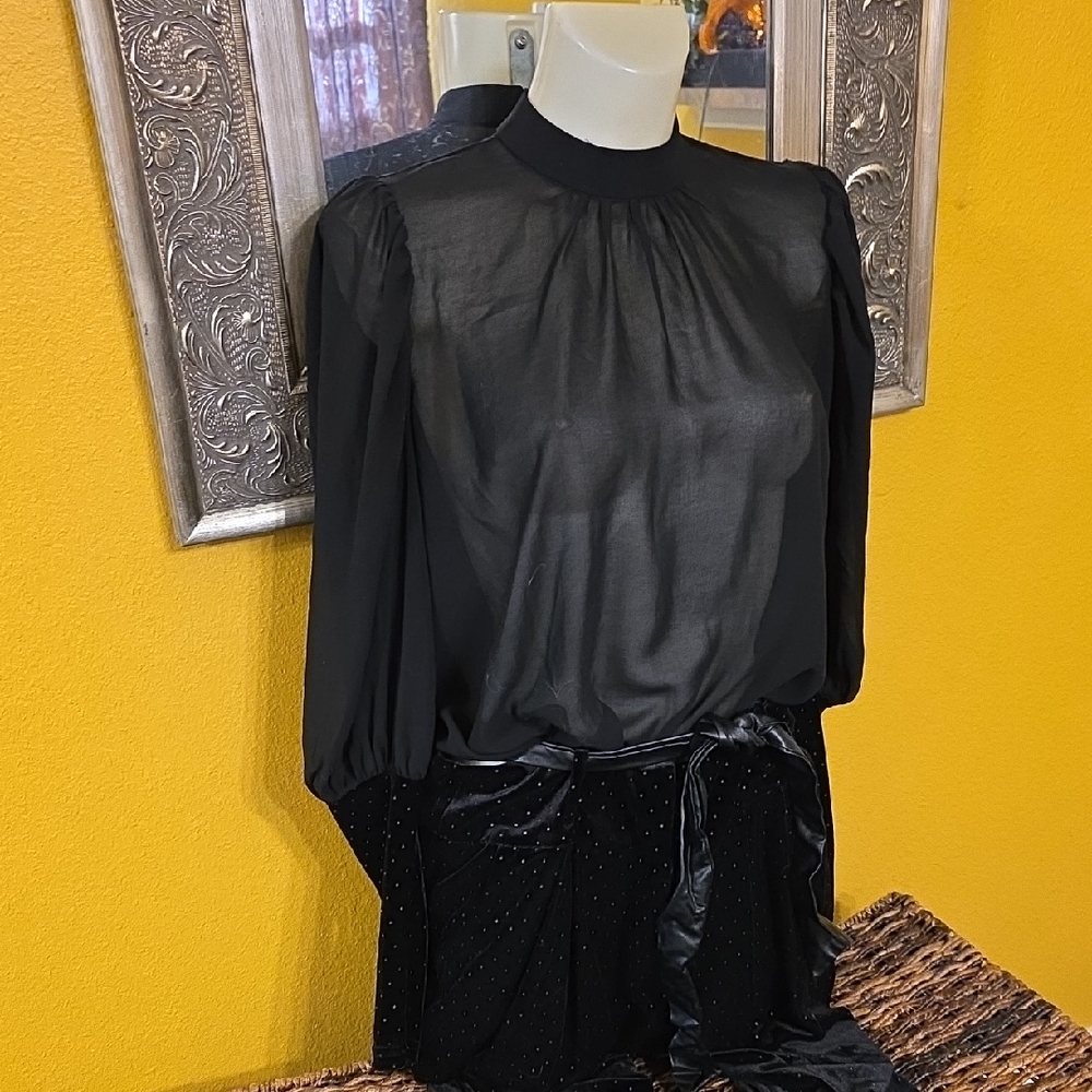 Traffic People Black Sheer Blouse and Velvet Pantsuit